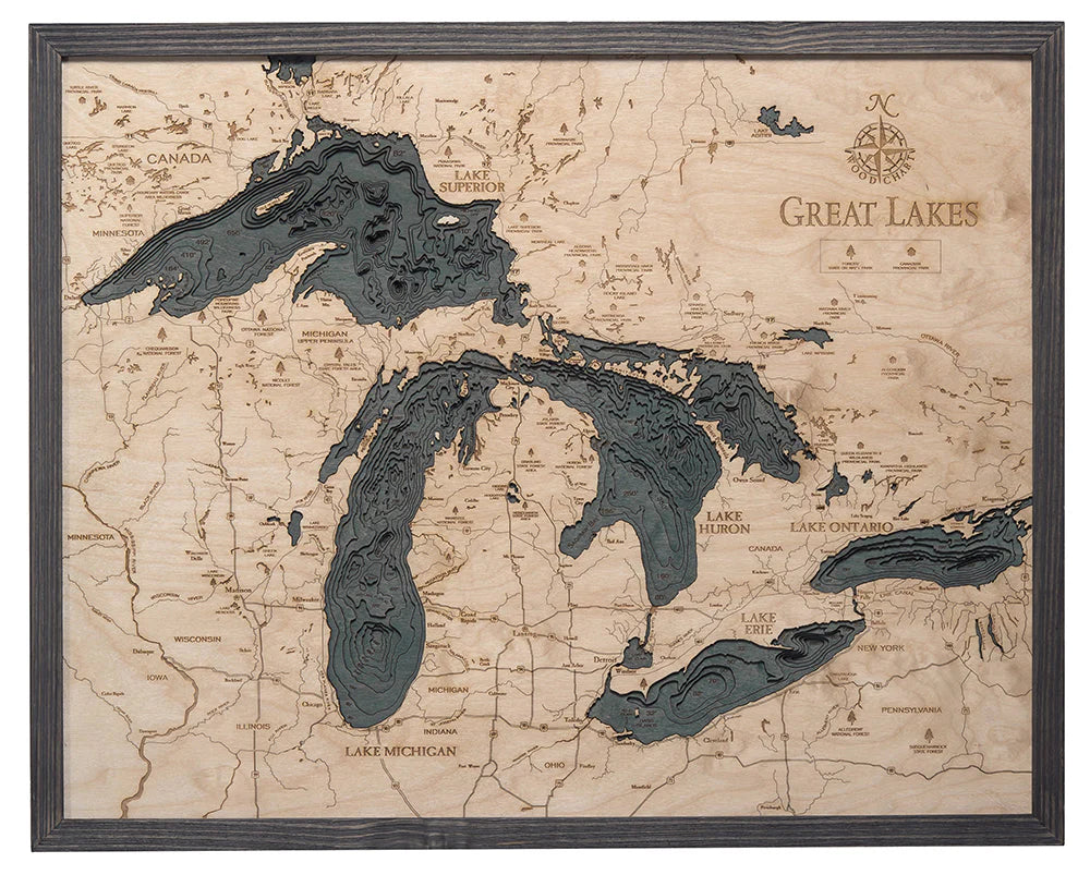 Great Lakes Region 3D Nautical Wood Chart - Small - Gray Frame