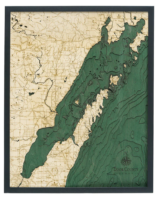 Green Bay / Door County, WI 3D Nautical Wood Chart - Dark Frame