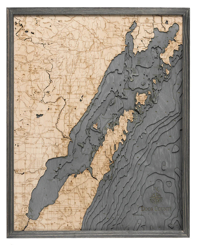 Green Bay / Door County, WI 3D Nautical Wood Chart - Gray Frame