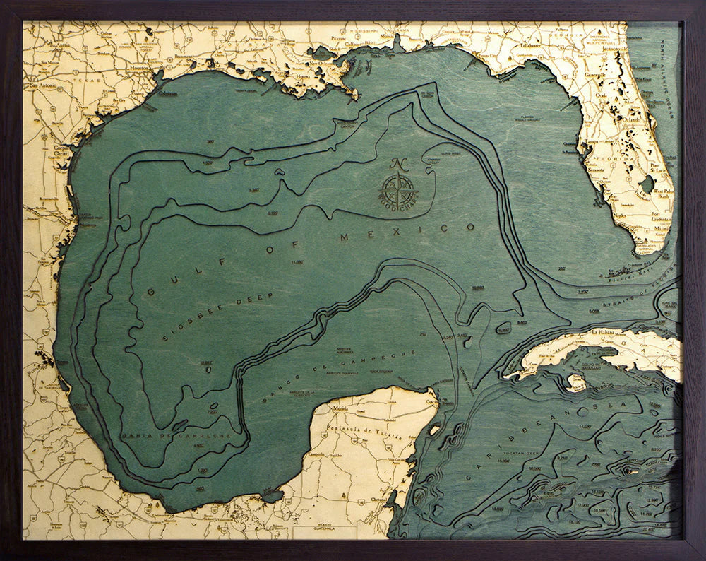Gulf of Mexico 3D Nautical Wood Chart - Dark Frame