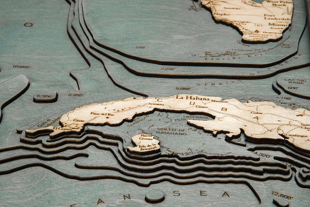 Gulf of Mexico 3D Nautical Wood Chart - Gray Frame Detail (Cuba)