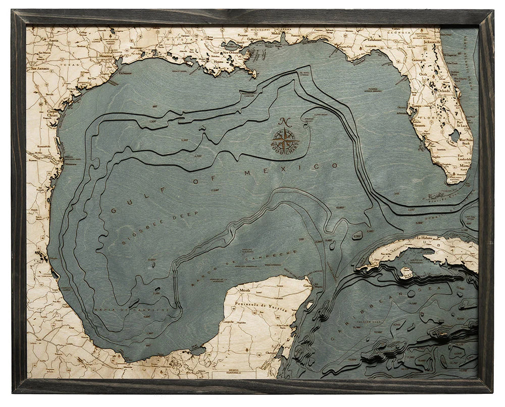 Gulf of Mexico 3D Nautical Wood Chart - Gray Frame