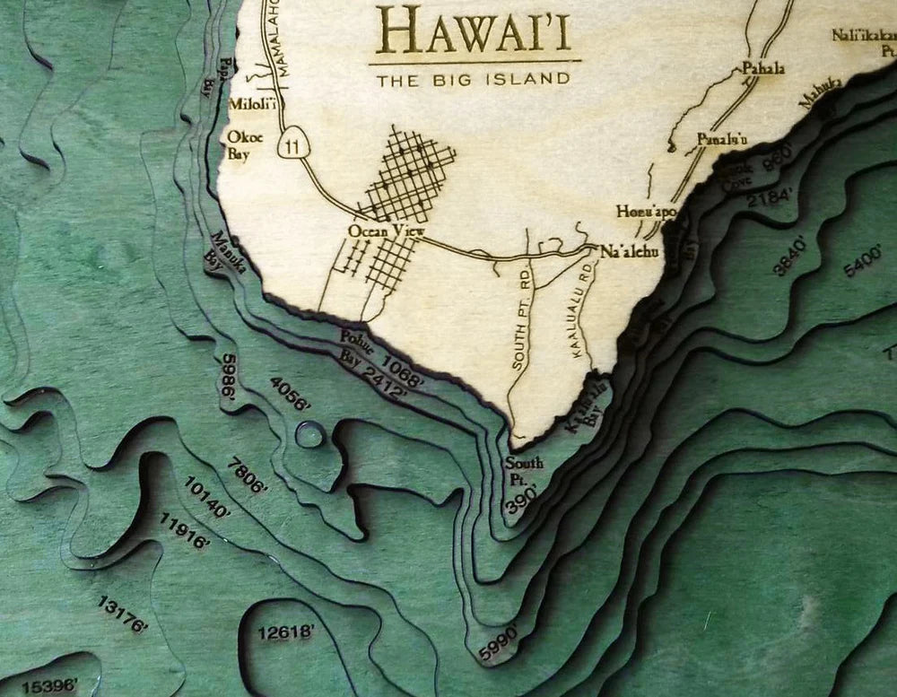 Hawaii (The Big Island) 3D Nautical Wood Chart - Dark Frame Detail