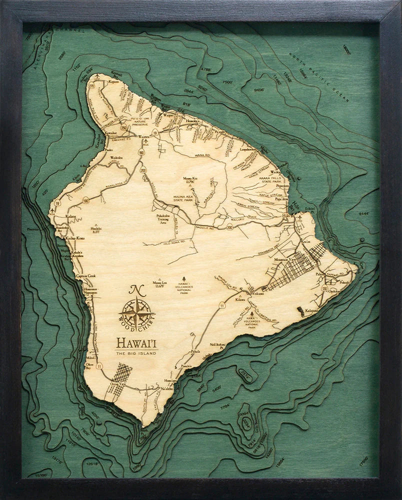 Hawaii (The Big Island) 3D Nautical Wood Chart - Dark Frame
