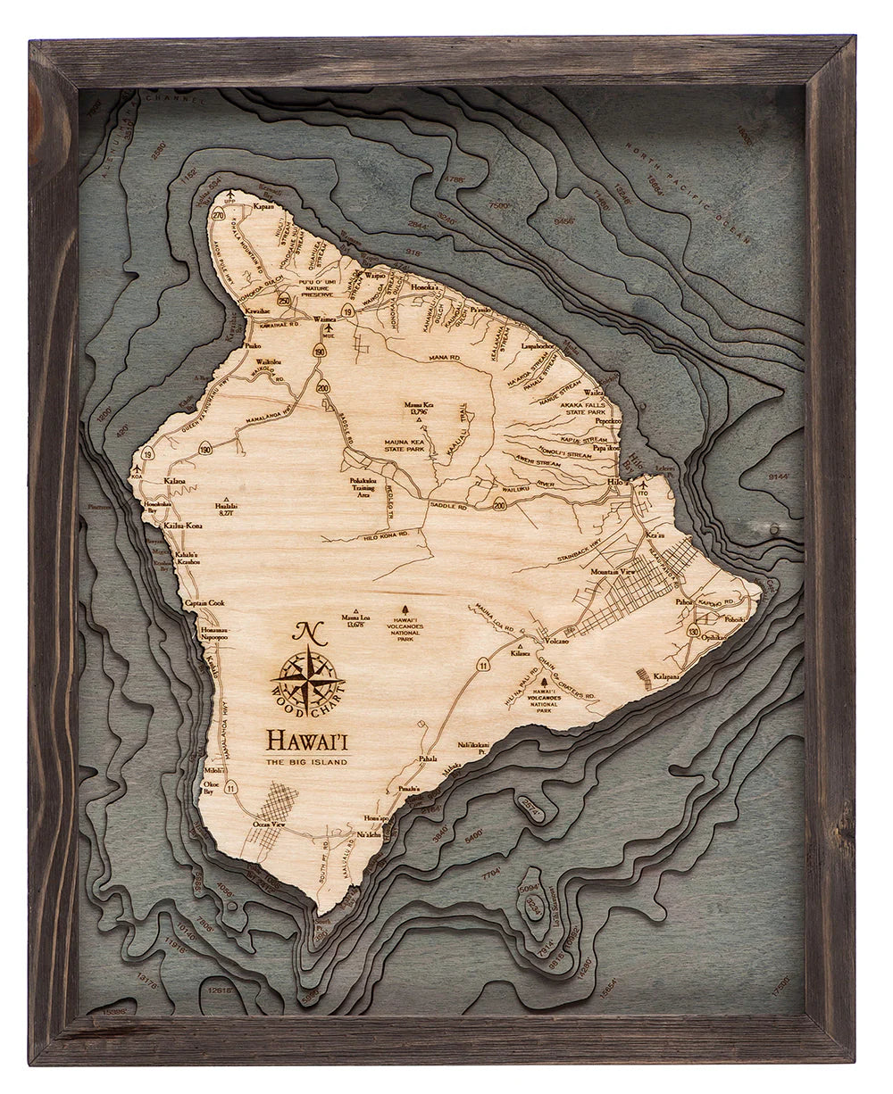 Hawaii (The Big Island) 3D Nautical Wood Chart - Gray Frame
