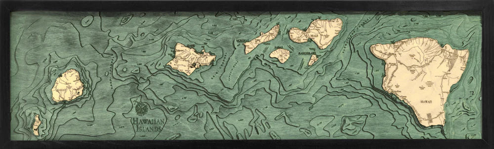 Hawaiian Islands 3D Nautical Wood Chart - Dark Frame