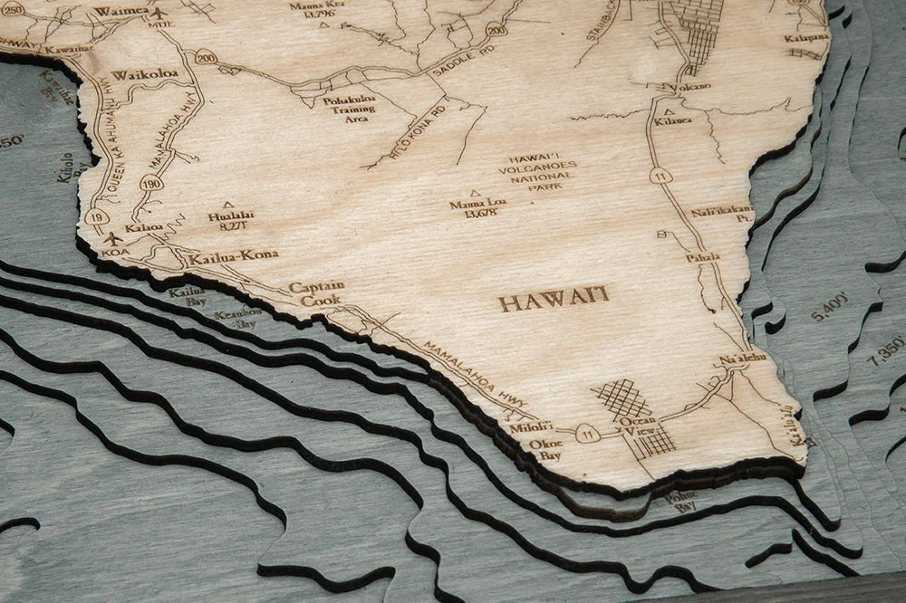 Hawaiian Islands 3D Nautical Wood Chart - Gray Frame Detail
