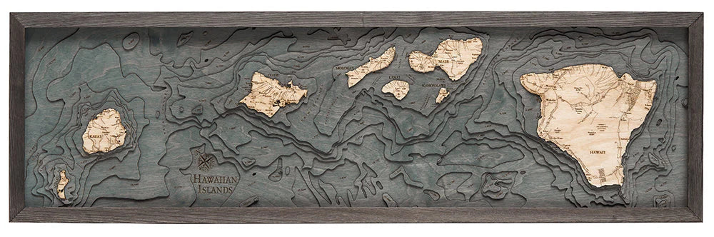 Hawaiian Islands 3D Nautical Wood Chart - Gray Frame