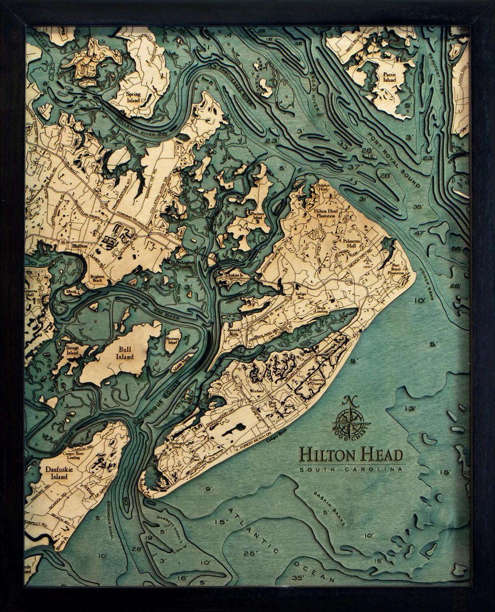 Hilton Head, SC 3D Nautical Wood Chart - Dark Frame