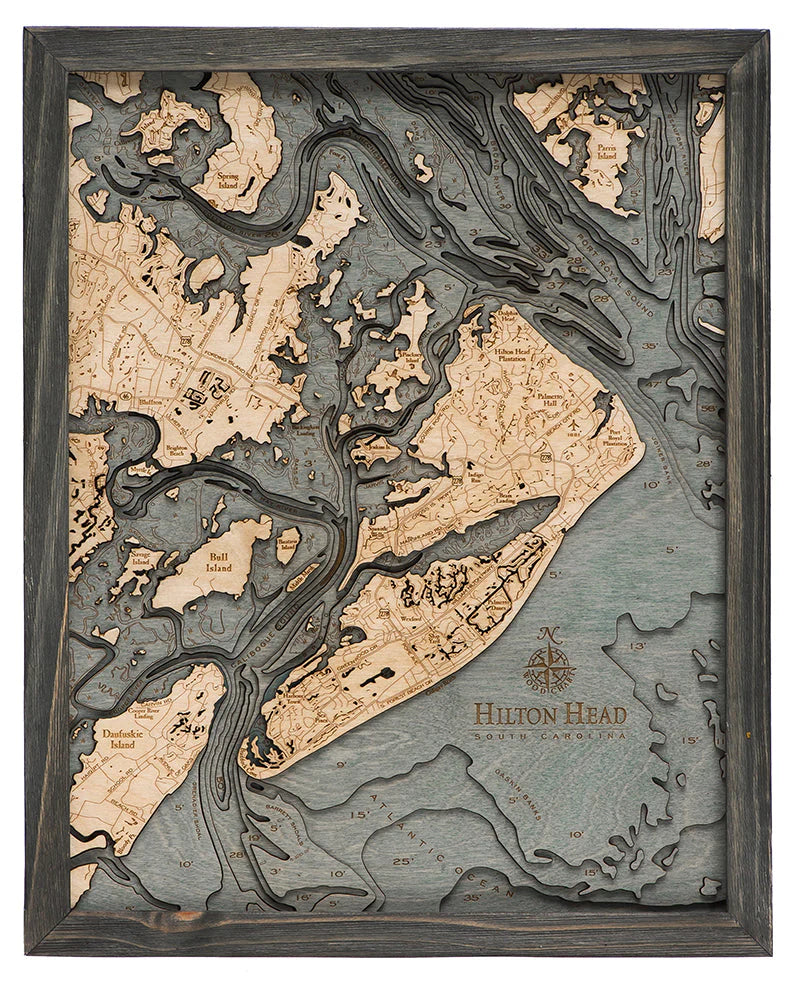 Hilton Head, SC 3D Nautical Wood Chart - Gray Frame