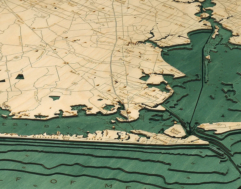 Houston, TX 3D Nautical Wood Chart - Dark Frame Detail