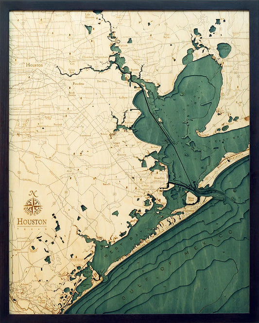 Houston, TX 3D Nautical Wood Chart - Dark Frame