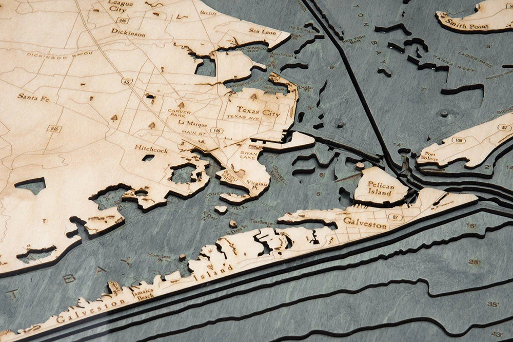 Houston, TX 3D Nautical Wood Chart - Gray Frame Detail