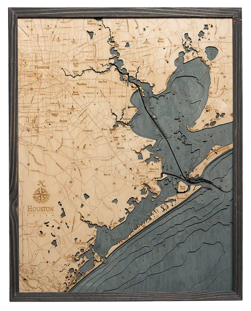 Houston, TX 3D Nautical Wood Chart - Gray Frame