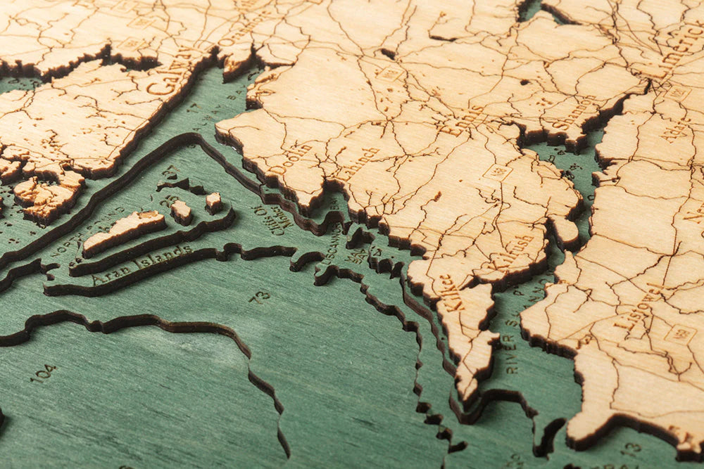 Ireland 3D Nautical Wood Chart - Large - Dark Frame Detail