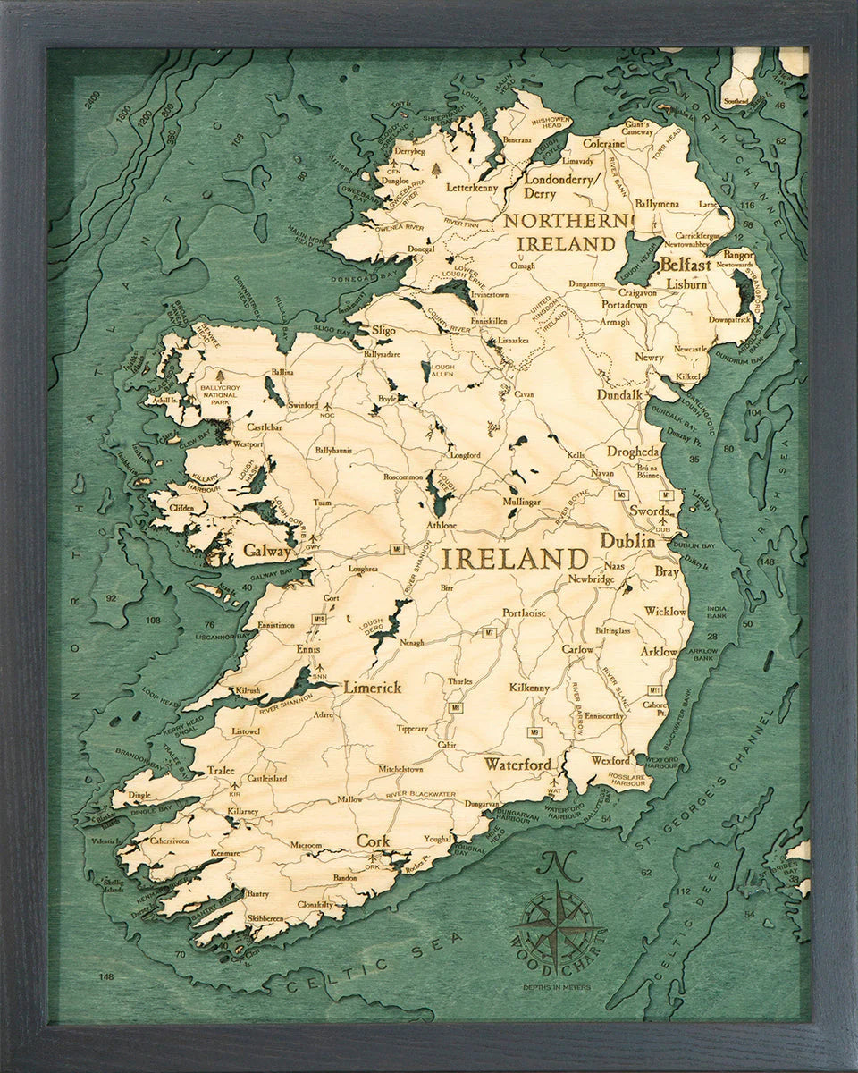 Ireland 3D Nautical Wood Chart - Small - Dark Frame
