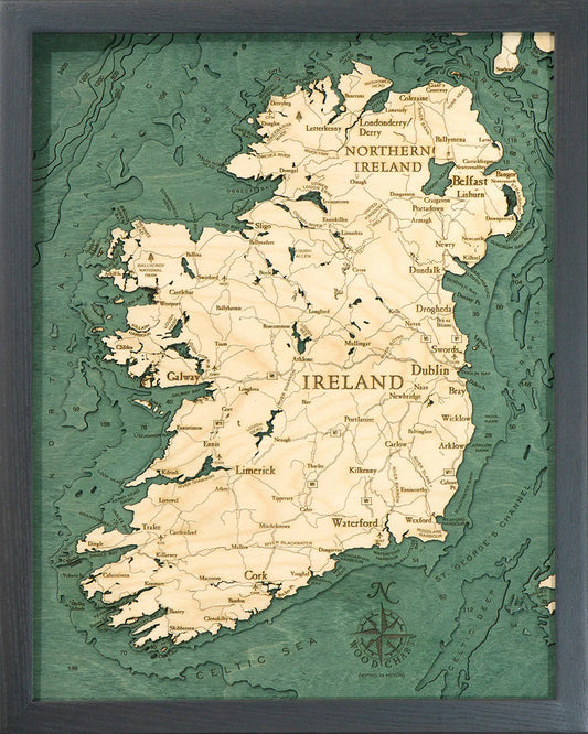 Ireland 3D Nautical Wood Chart - Small - Dark Frame