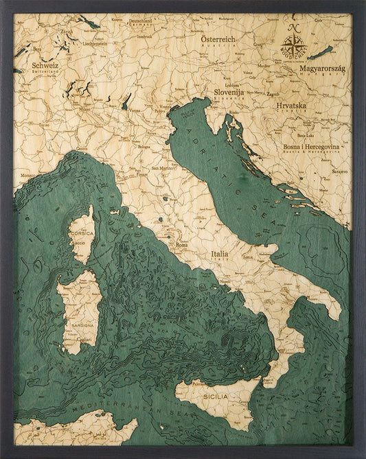 Italy 3D Nautical Wood Chart - Dark Frame