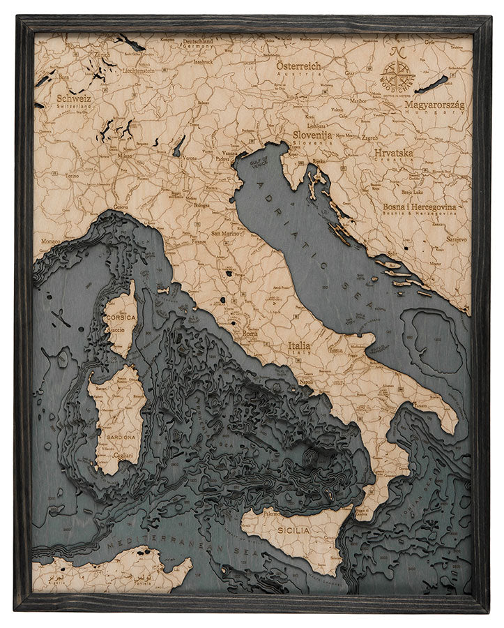 Italy 3D Nautical Wood Chart - Gray Frame
