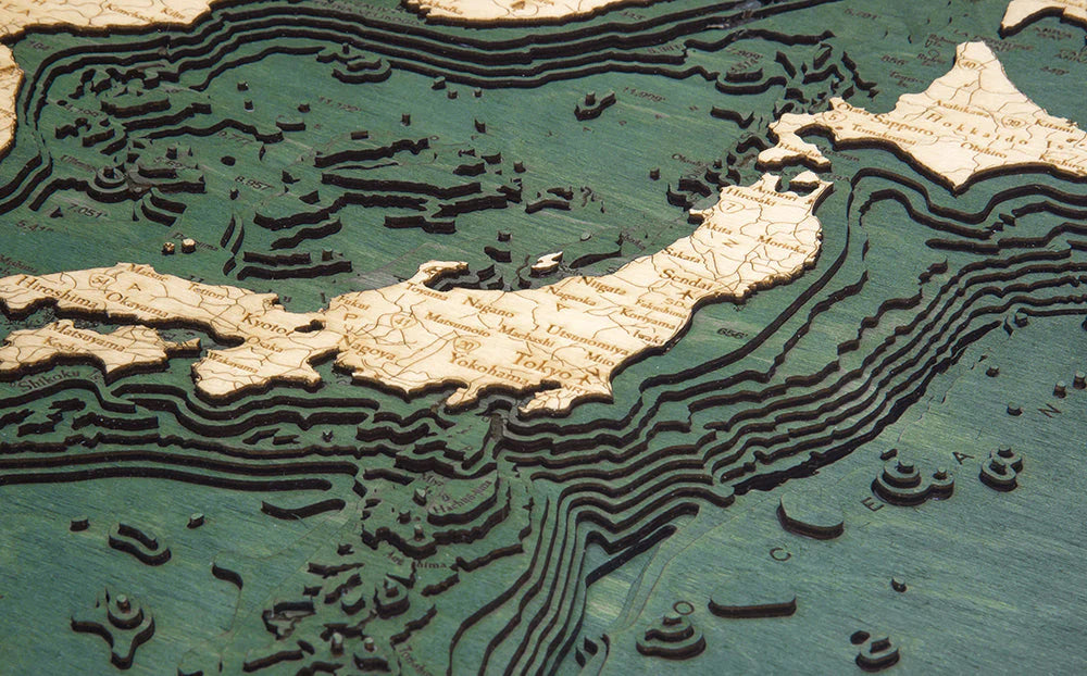 Japan and Korea 3D Nautical Wood Chart - Dark Frame Detail (Tokyo)
