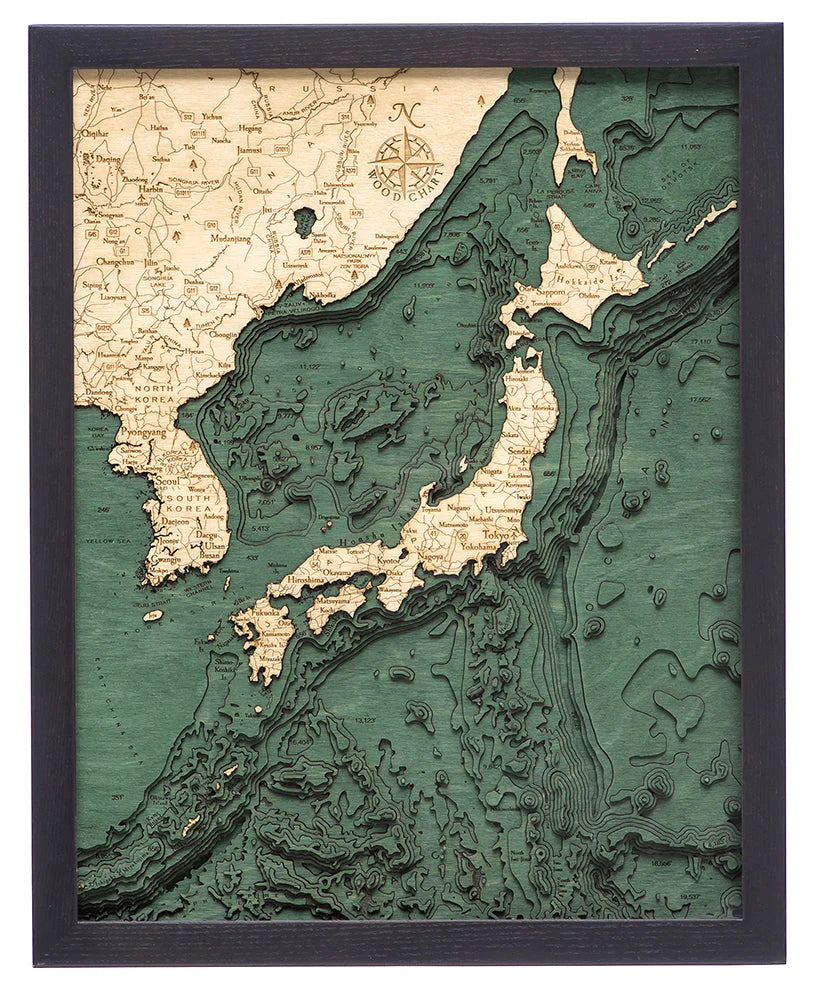 Japan and Korea 3D Nautical Wood Chart - Dark Frame