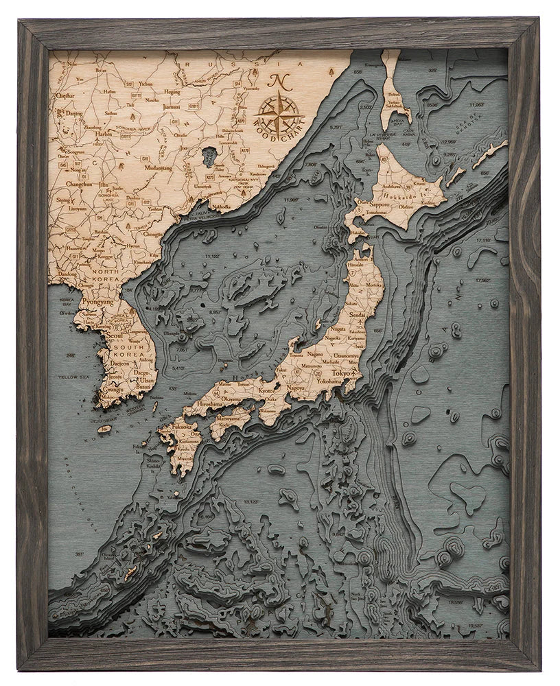 Japan and Korea 3D Nautical Wood Chart - Gray Frame