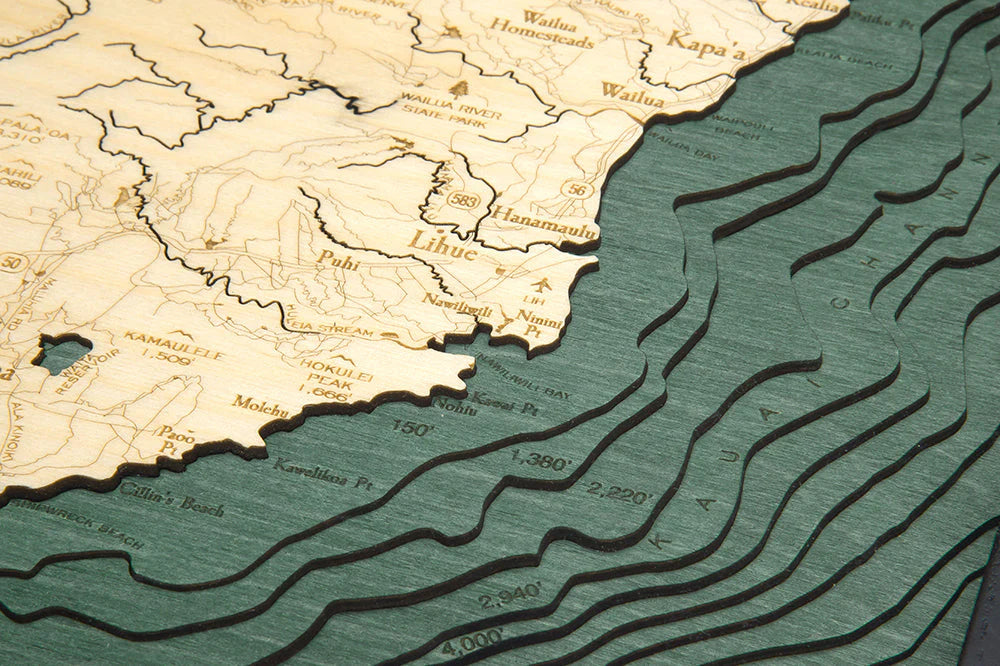 Kauai, HI 3D Nautical Wood Chart - Dark Frame Detail (Lihue)