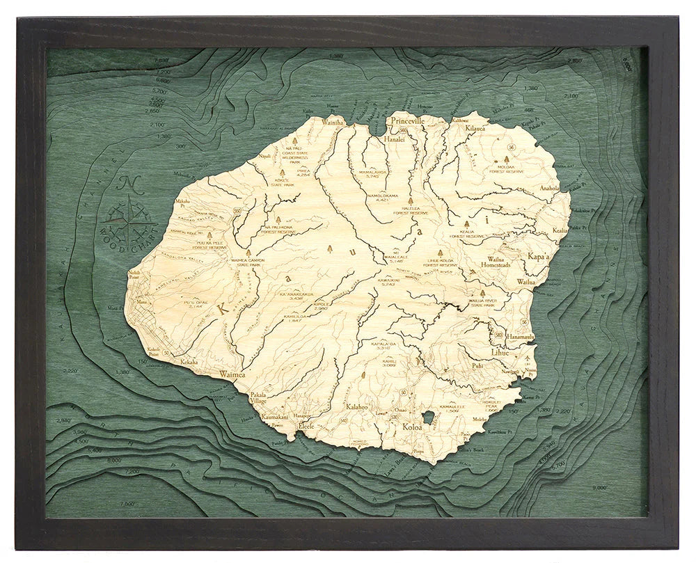 Kauai, HI 3D Nautical Wood Chart - Dark Frame