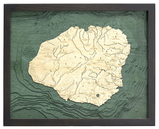 Kauai, HI 3D Nautical Wood Chart - Dark Frame