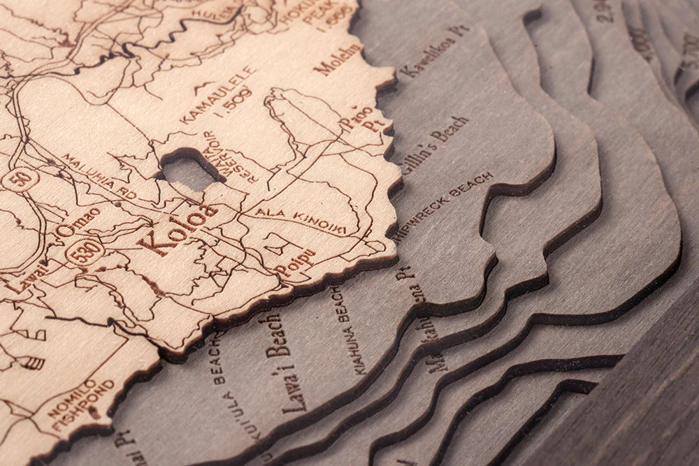 Kauai, HI 3D Nautical Wood Chart - Gray Frame Detail (Koloa)