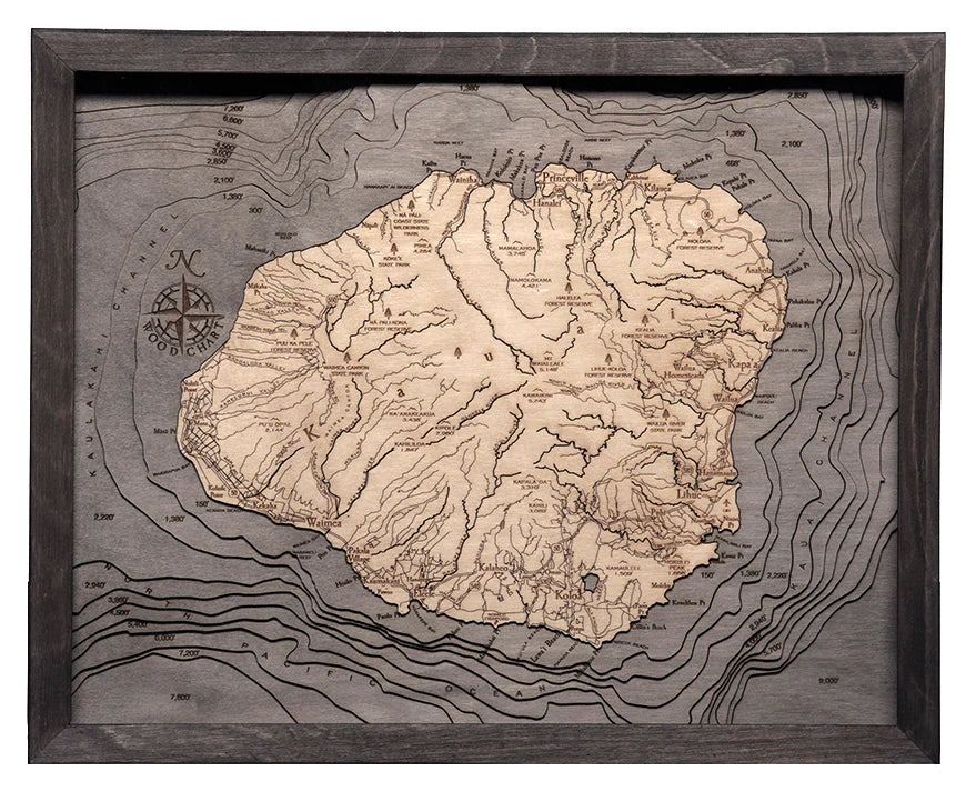 Kauai, HI 3D Nautical Wood Chart - Gray Frame