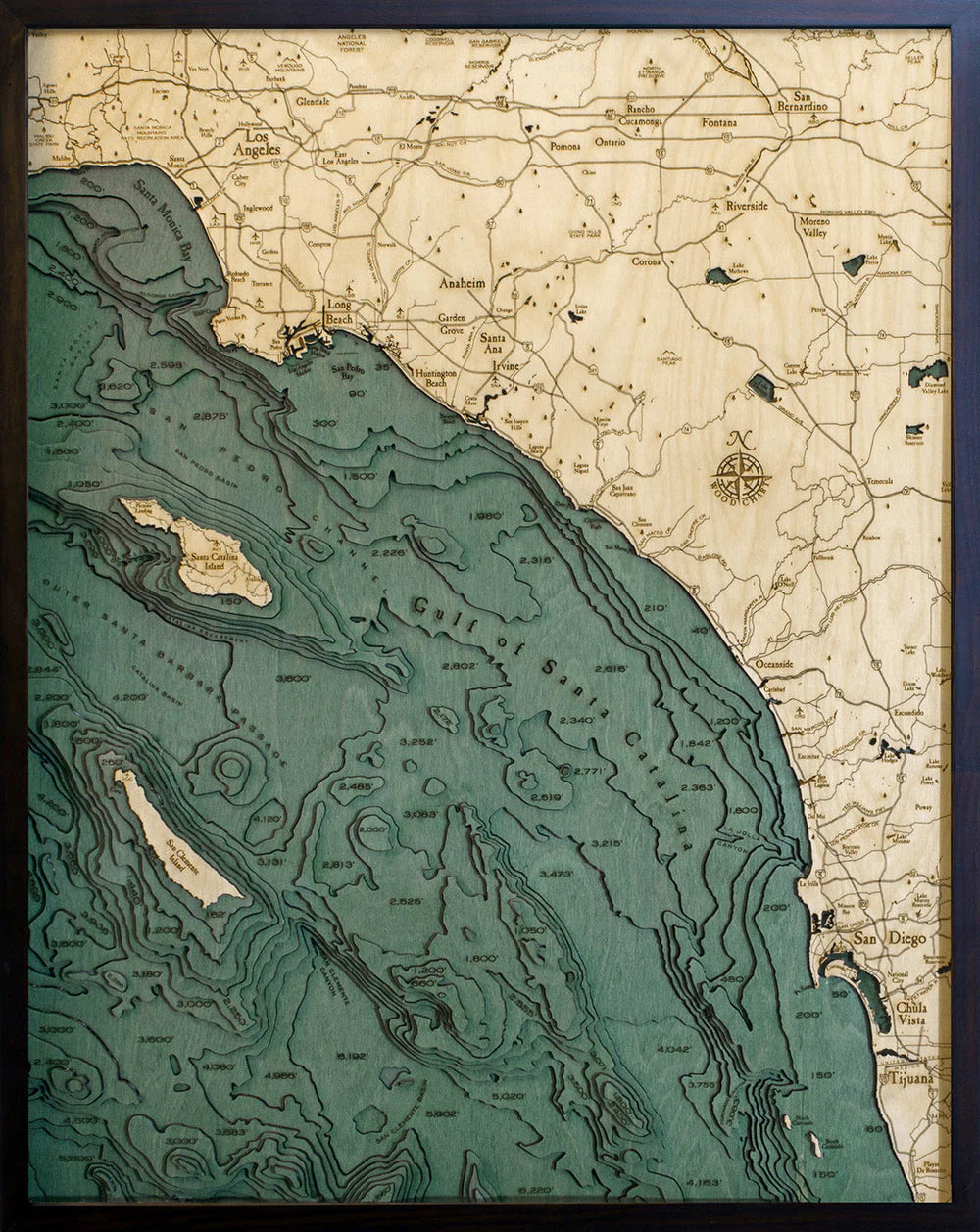 Southern California (Los Angeles to San Diego) 3D Nautical Wood Chart - Dark Frame