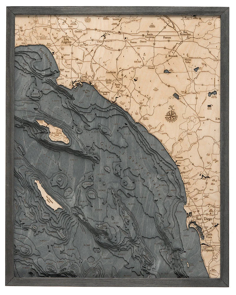 Southern California (Los Angeles to San Diego) 3D Nautical Wood Chart - Gray Frame