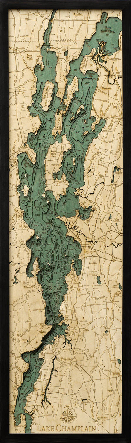 Lake Champlain 3D Nautical Wood Chart - Dark Frame