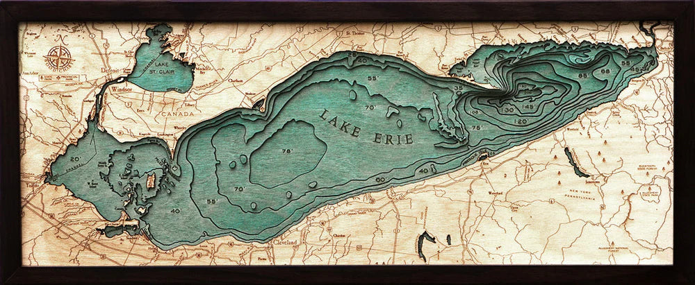 Lake Erie 3D Nautical Wood Chart - Dark Frame