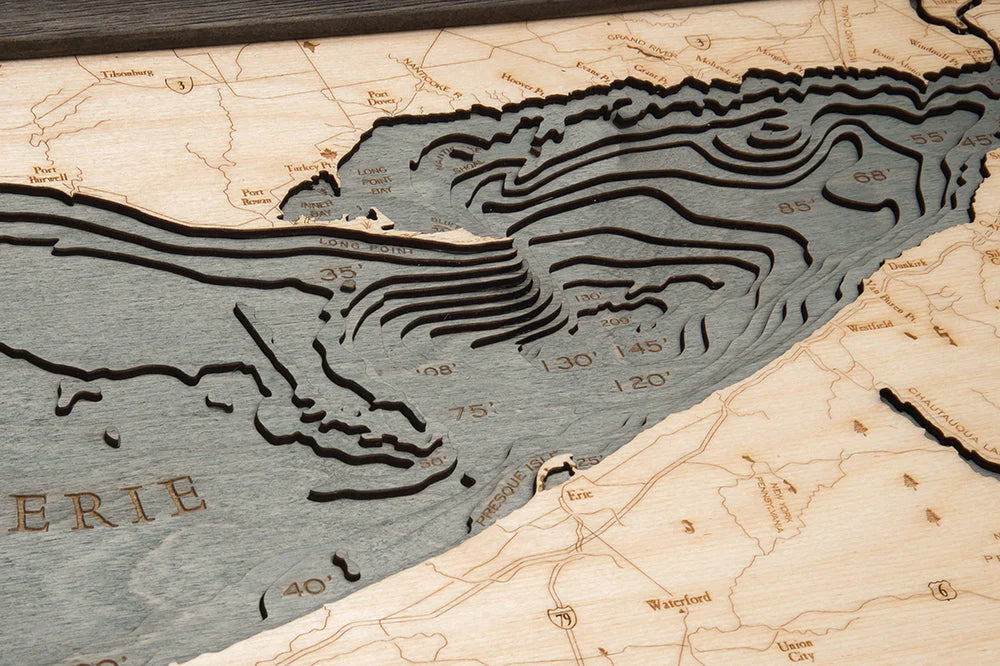 Lake Erie 3D Nautical Wood Chart - Gray Frame Detail