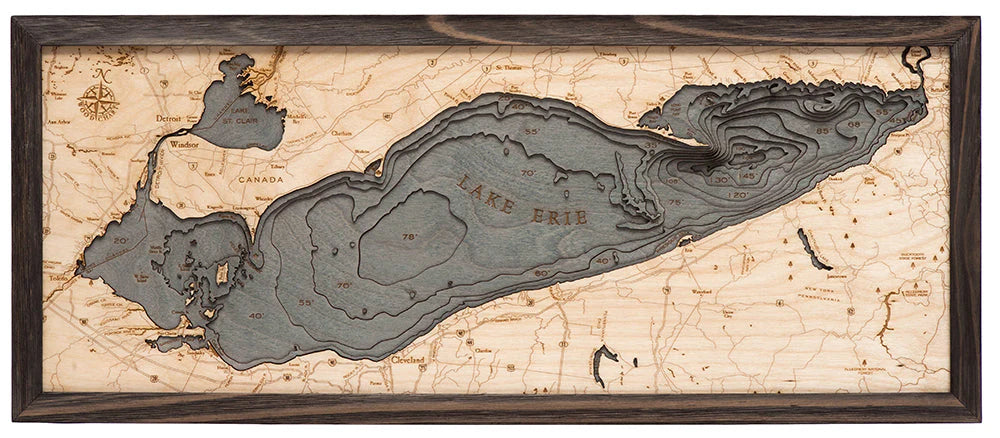 Lake Erie 3D Nautical Wood Chart - Gray Frame