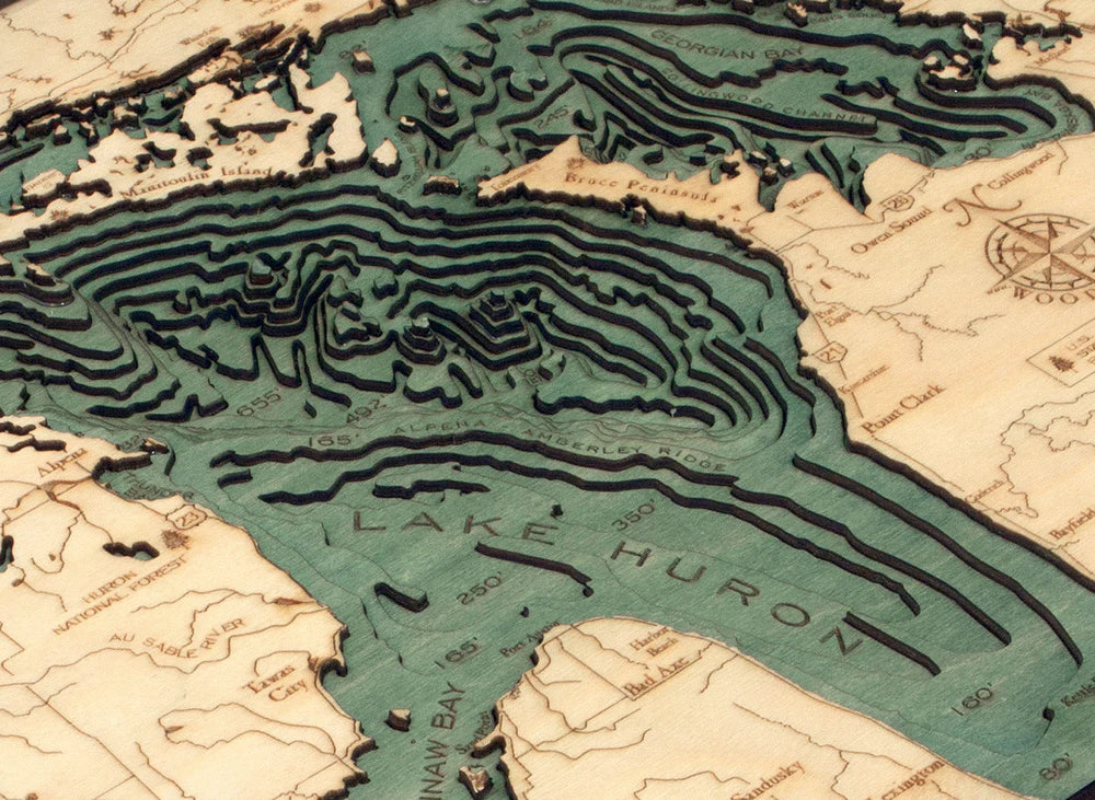 Lake Huron 3D Nautical Wood Chart - Dark Frame Detail