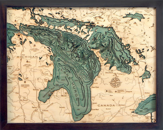 Lake Huron 3D Nautical Wood Chart - Dark Frame