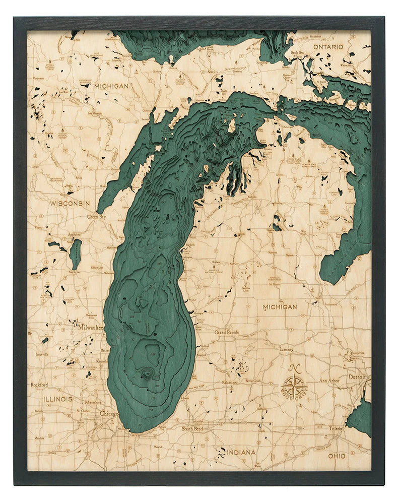 Lake Michigan 3D Nautical Wood Chart - Large - Dark Frame