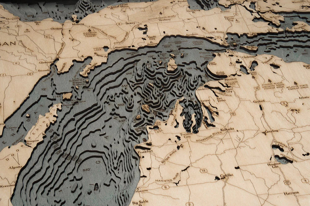 Lake Michigan 3D Nautical Wood Chart - Large - Gray Frame Detail