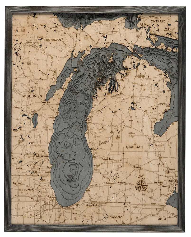 Lake Michigan 3D Nautical Wood Chart - Large - Gray Frame