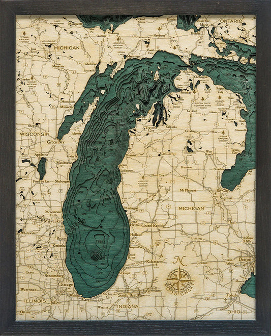 Lake Michigan 3D Nautical Wood Chart - Small - Dark Frame