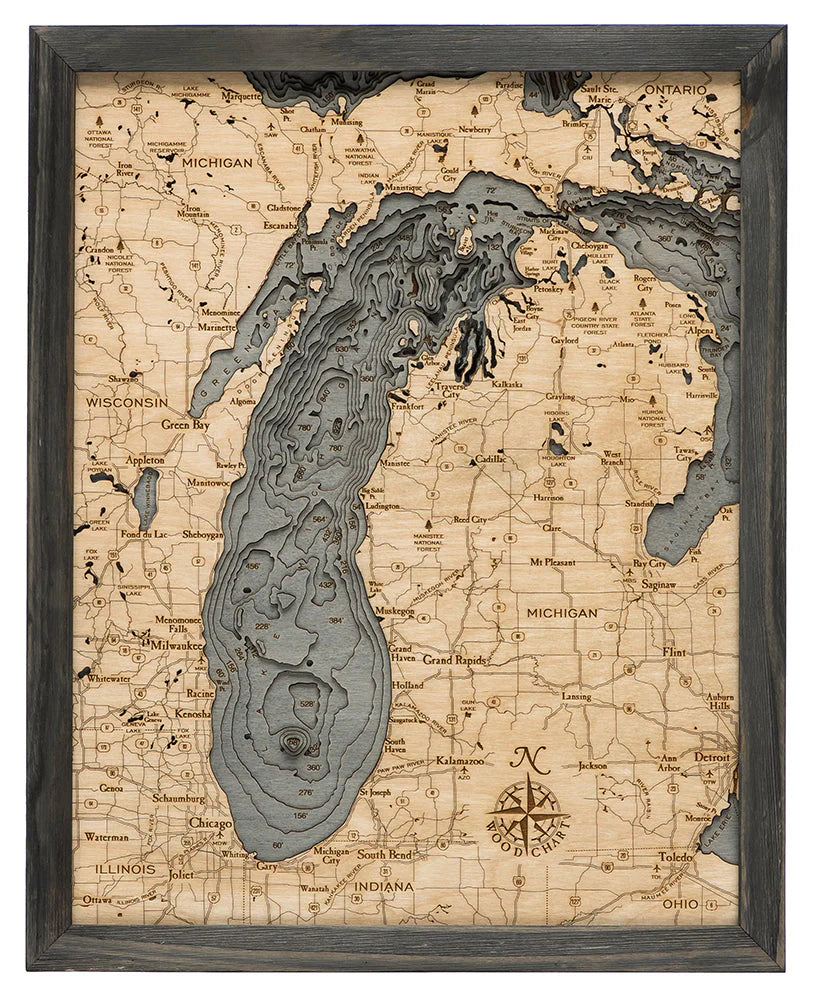 Lake Michigan 3D Nautical Wood Chart - Small - Gray Frame