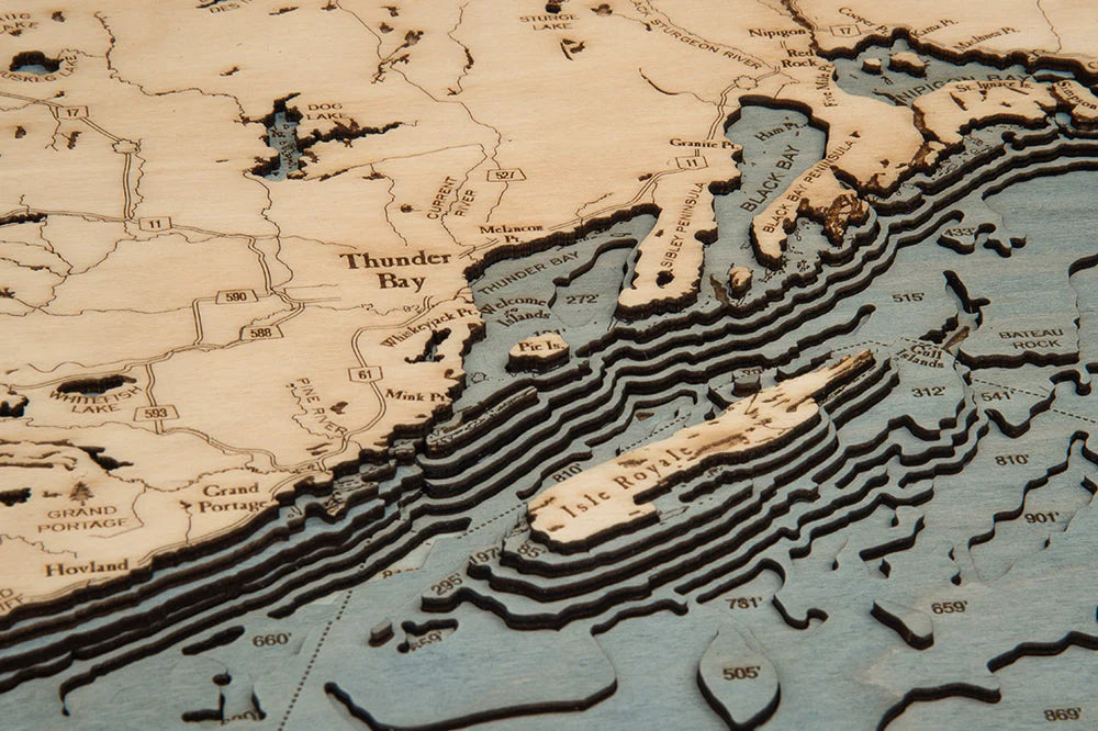 Lake Superior 3D Nautical Wood Chart - Gray Frame (Thunder Bay Detail)