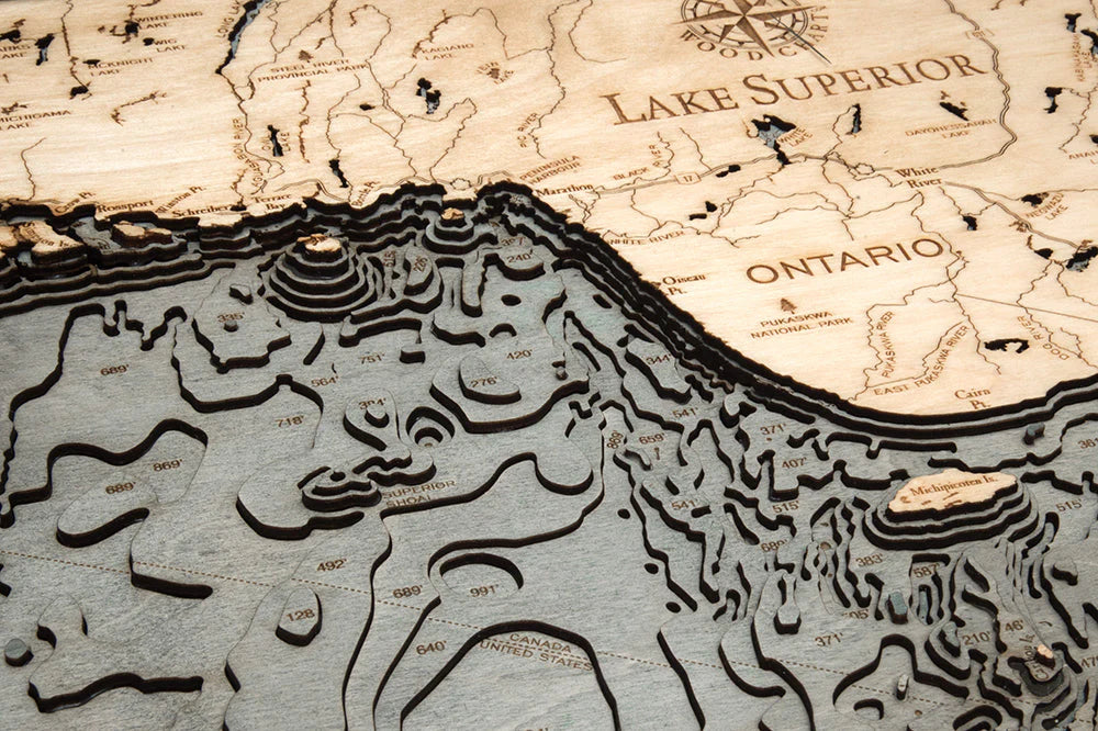 Lake Superior 3D Nautical Wood Chart - Gray Frame (Ontario Area Detail)