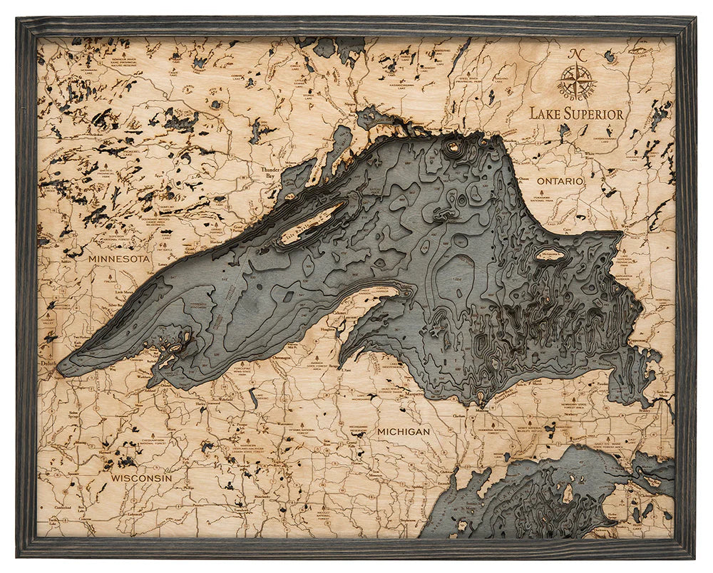 Lake Superior 3D Nautical Wood Chart - Gray Frame