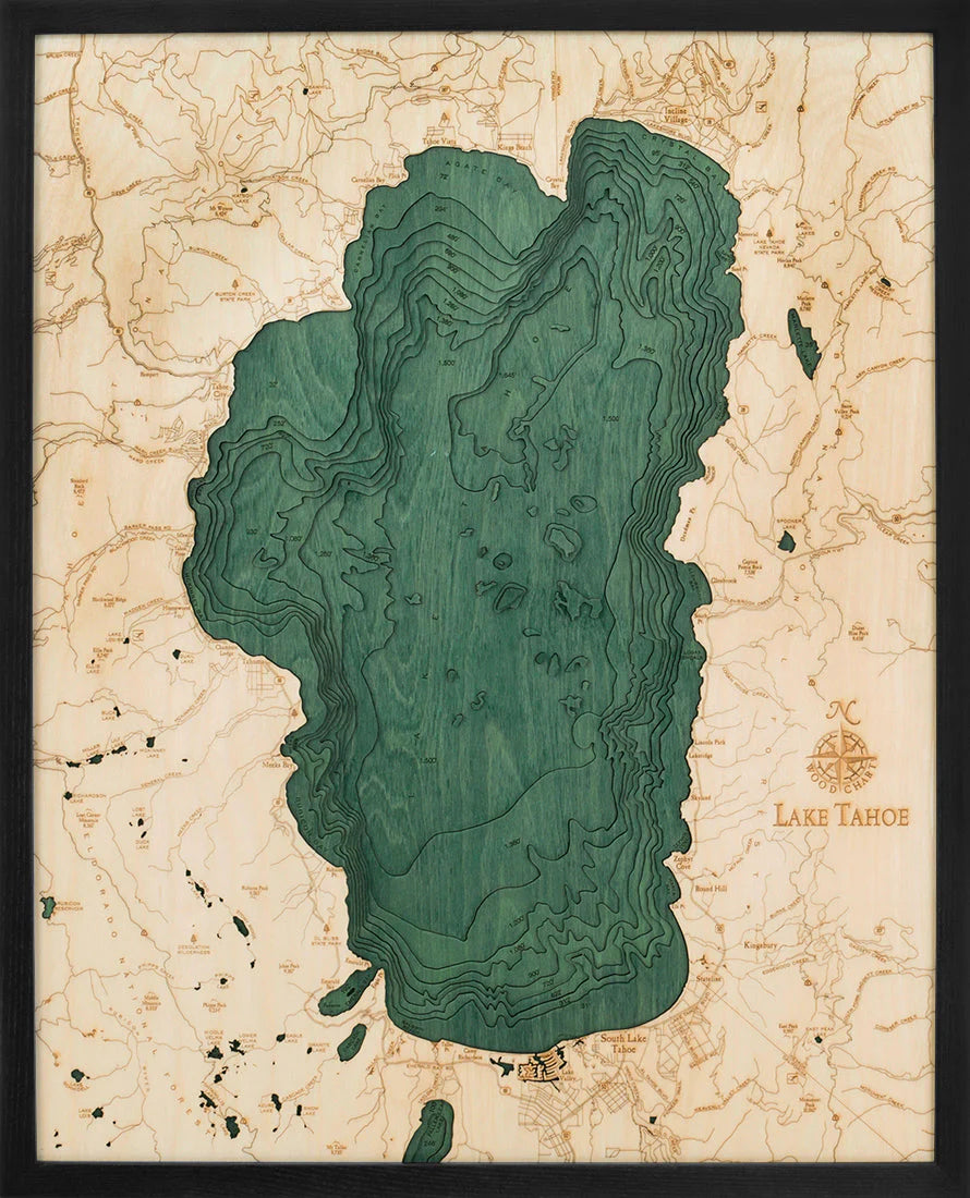 Lake Tahoe 3D Nautical Wood Chart - Large - Dark Frame