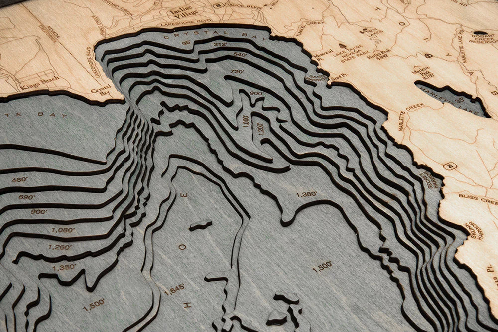 Lake Tahoe 3D Nautical Wood Chart - Large - Gray Frame Detail (Incline Village)