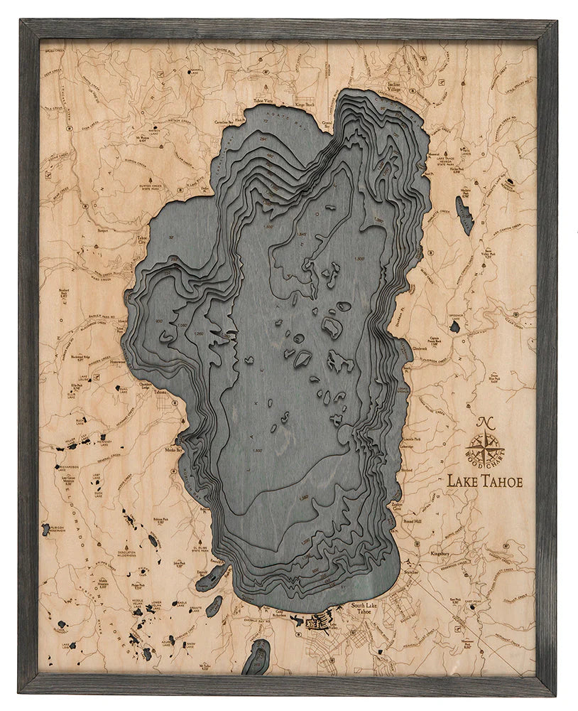 Lake Tahoe 3D Nautical Wood Chart - Large - Gray Frame